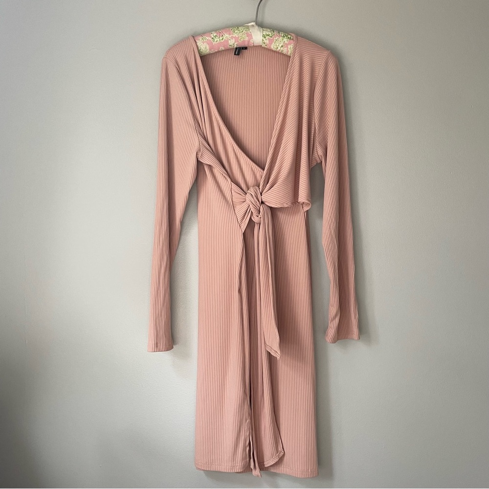 Ribbed Soft Ballet Pink Long Sleeve Tie Front V Neck Mid Length Dress